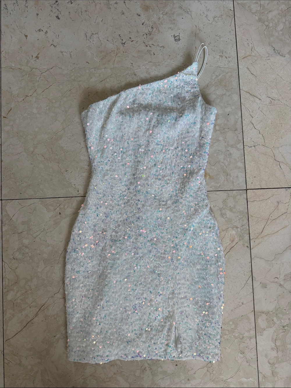Crystal Doll Iridescent Sequin One-Shoulder Mini Dress